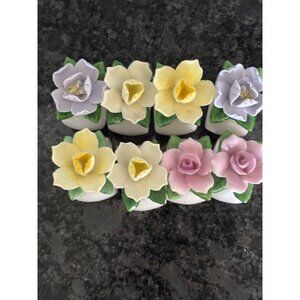 Set Of 8 Diamantine China Floral Napkin Rings  Pink Roses & Yellow Daffodils